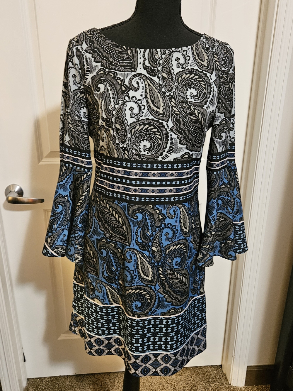 Vince Camuto Blue and Black Paisley Border-Print Bell Sleeve Dress